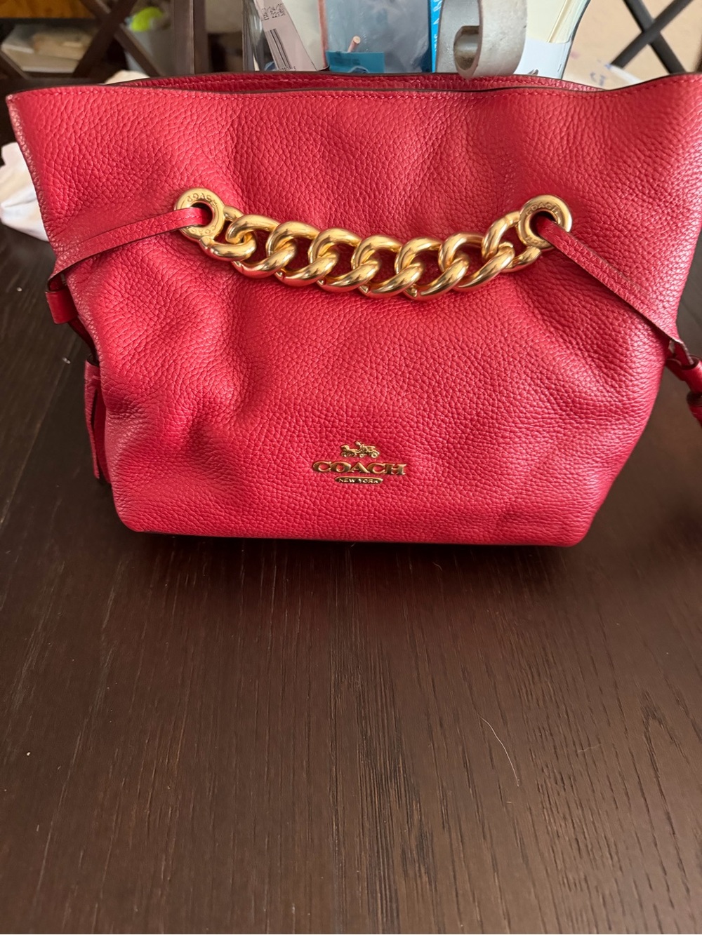 Coach Red Pebbled Leather Shoulder Bag with Gold Chain Detail